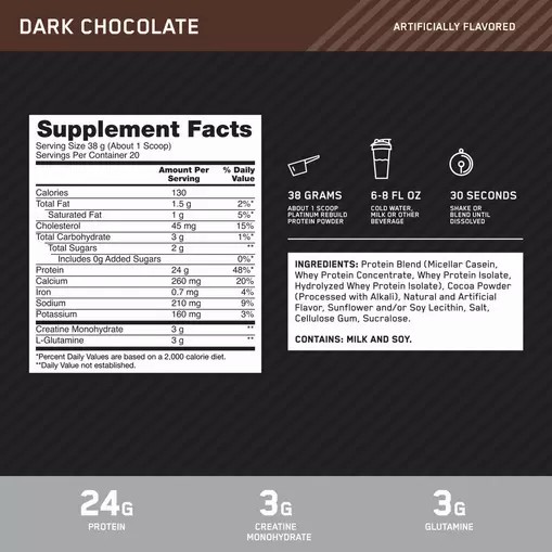 Optimum Nutrition Platinum Rebuild Dark Chocolate 1.67 lb (20 Servings) España | ZIKD-70345