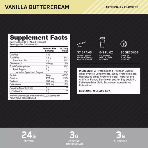 Optimum Nutrition Platinum Rebuild Vainilla Buttercream 1.63 lb (20 Servings) España | MRYF-63475