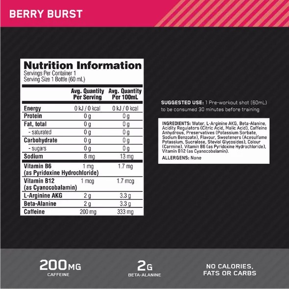 Optimum Nutrition Pure Pre 200 Pre-Workout Shot Berry 60ml (12 shots) España | JRBZ-76891