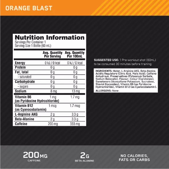 Optimum Nutrition Pure Pre 200 Pre-Workout Shot Orange 60ml (12 shots) España | TCJW-70685