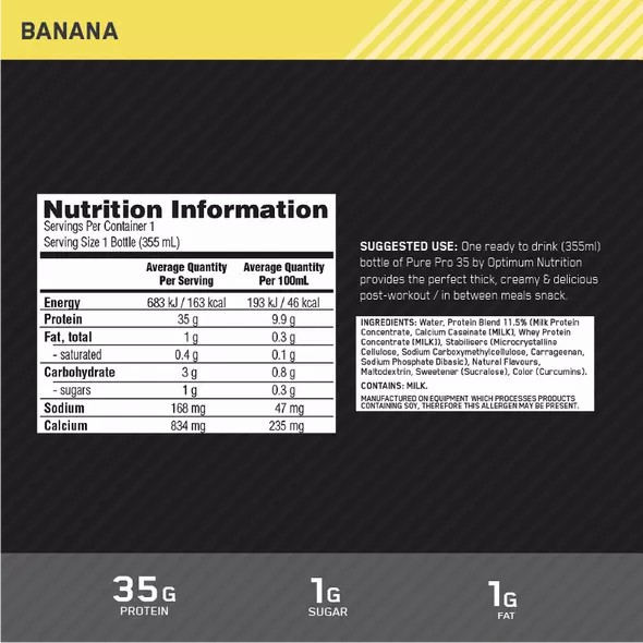 Optimum Nutrition Pure Pro 35 Banana 355ml (6 bottles) España | OZVQ-63408