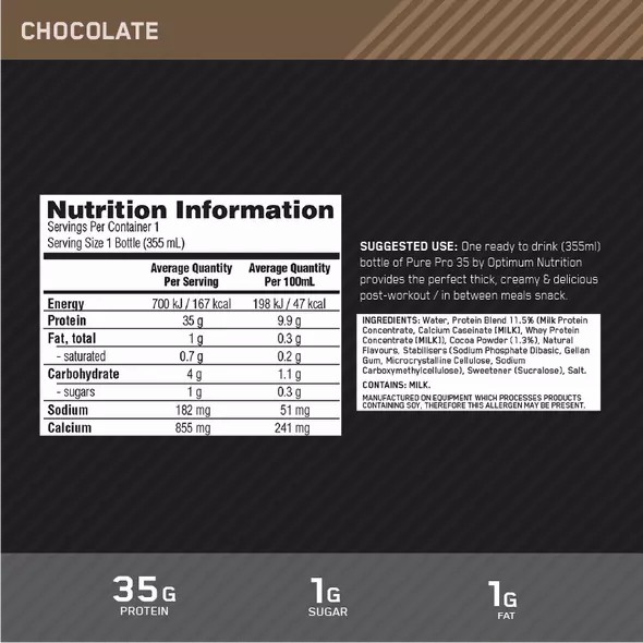 Optimum Nutrition Pure Pro 35 Chocolate 355ml (6 bottles) España | SIKC-17249