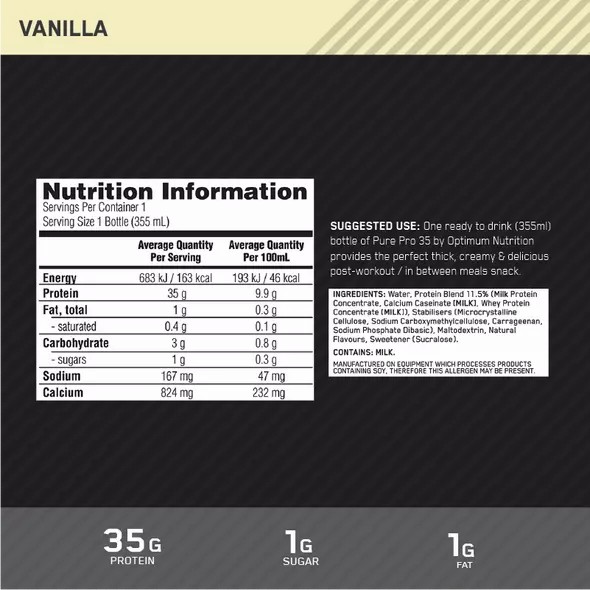 Optimum Nutrition Pure Pro 35 Vainilla 355ml (6 bottles) España | EKLV-21790