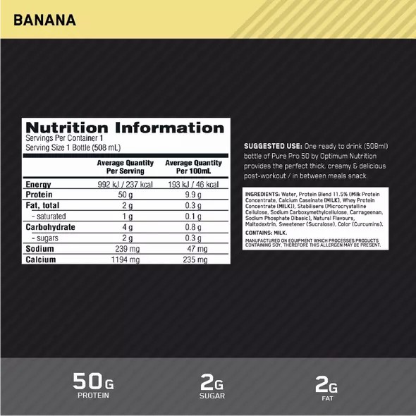 Optimum Nutrition Pure Pro 50 Banana 508ml (12 bottles) España | VELQ-52698