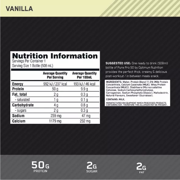 Optimum Nutrition Pure Pro 50 Vainilla 508ml (12 bottles) España | AYQS-79514